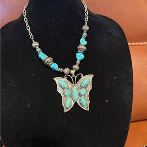 Turquoise & Silver Butterfly Pendant Necklace
